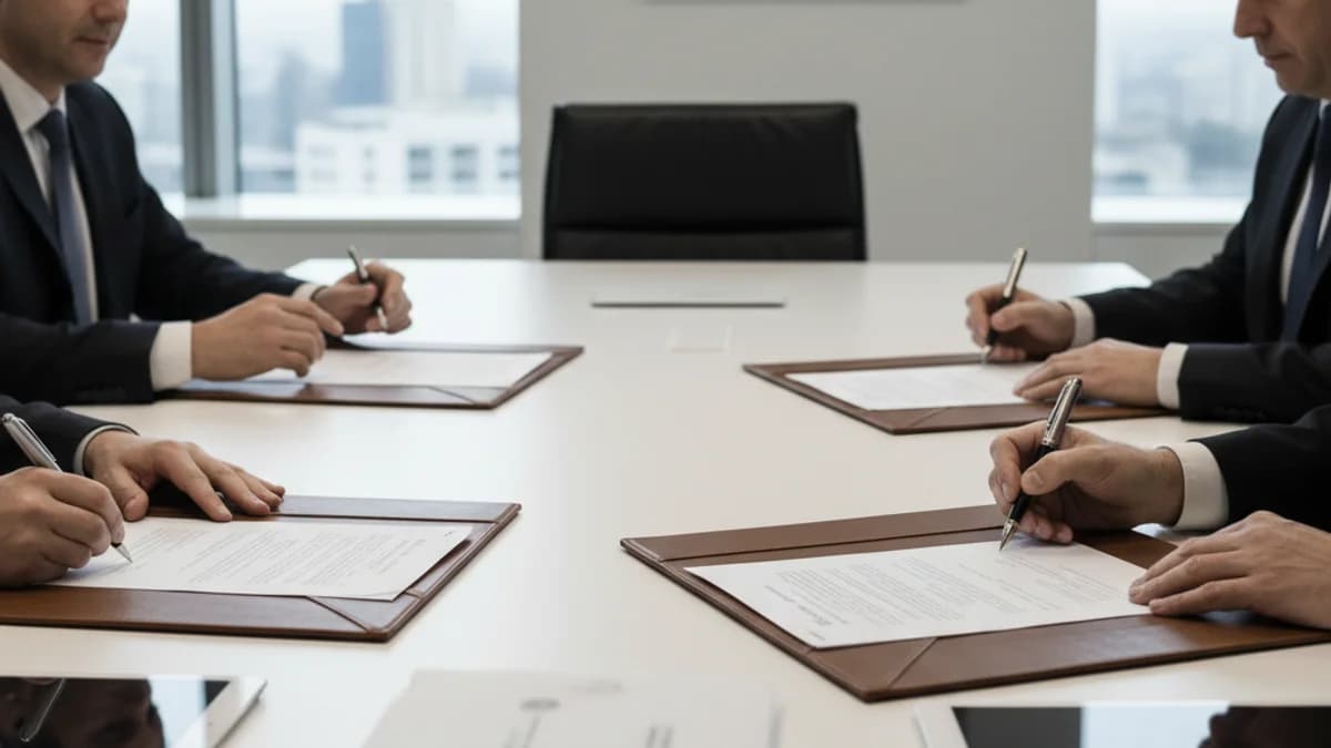 Formalització de la constitució d'una nova empresa de serveis ferroviaris en una sala de reunions governamental.