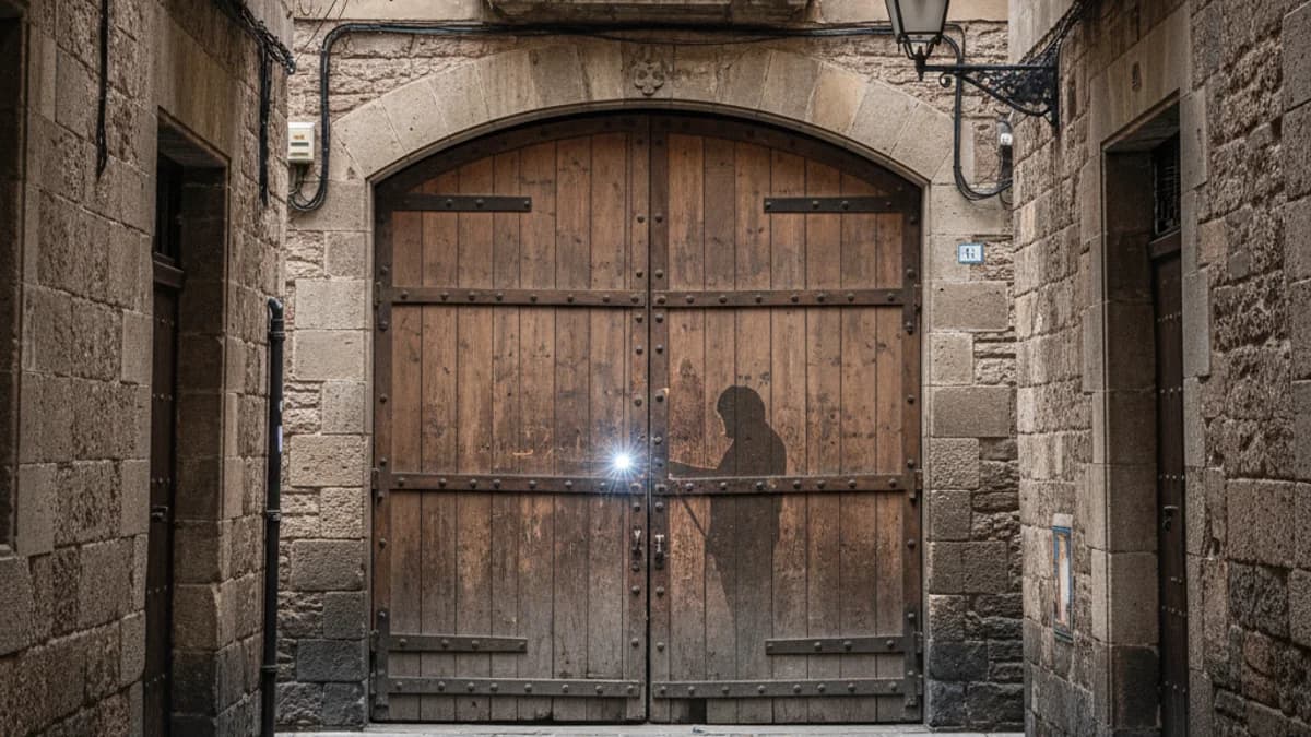 Imatge genèrica d'una porta tapiada o segellada en un carrer estret de Ciutat Vella, Barcelona, després d'una operació policial.