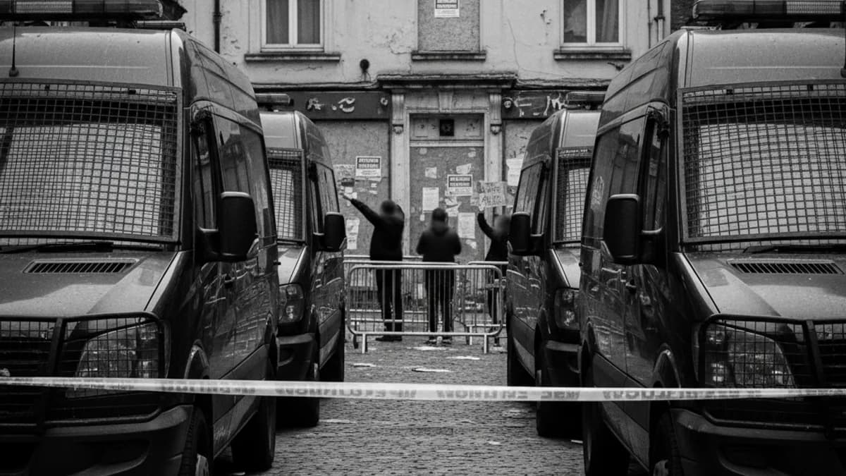 Imatge genèrica d'una protesta de la PAHC davant un edifici, amb presència policial al fons.