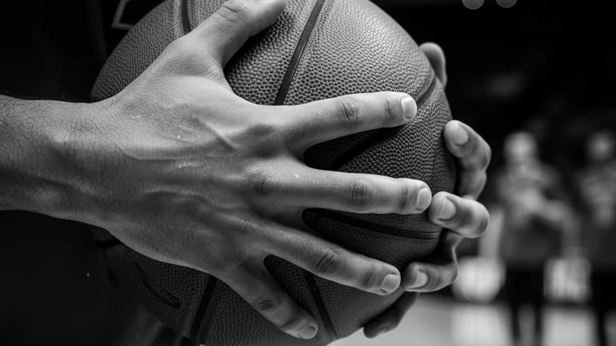 Mans d'un jugador de bàsquet agafant una pilota amb determinació en un moment de pressió del partit.