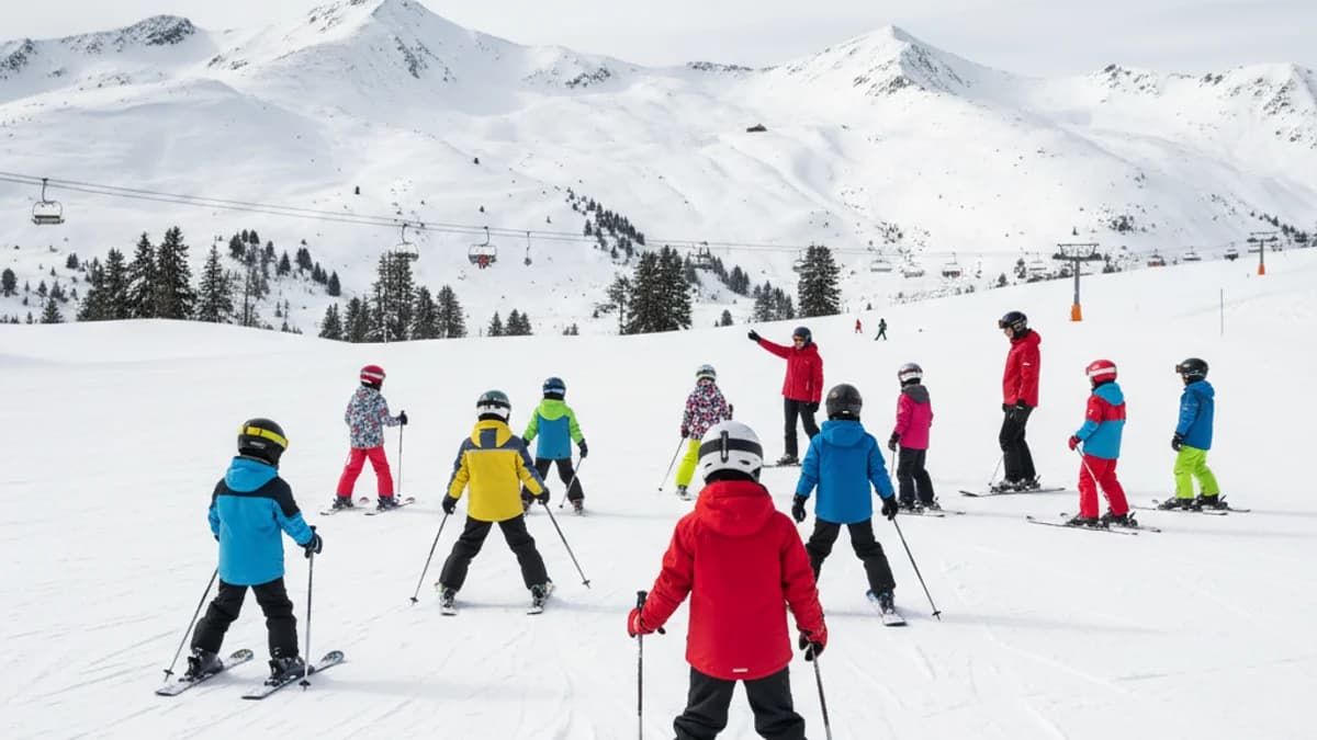 Grup d'alumnes de primària practicant esquí alpí o surf de neu en una estació d'esquí del Pirineu.