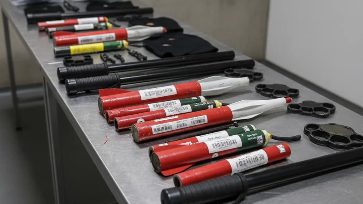 Imatge genèrica d'objectes confiscats (bengales, defenses extensibles) relacionats amb la violència ultra en el futbol.