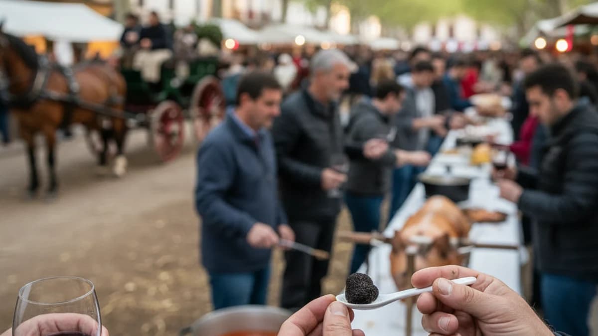 Escena d'una fira gastronòmica o un esdeveniment cultural tradicional amb figures desenfocades.