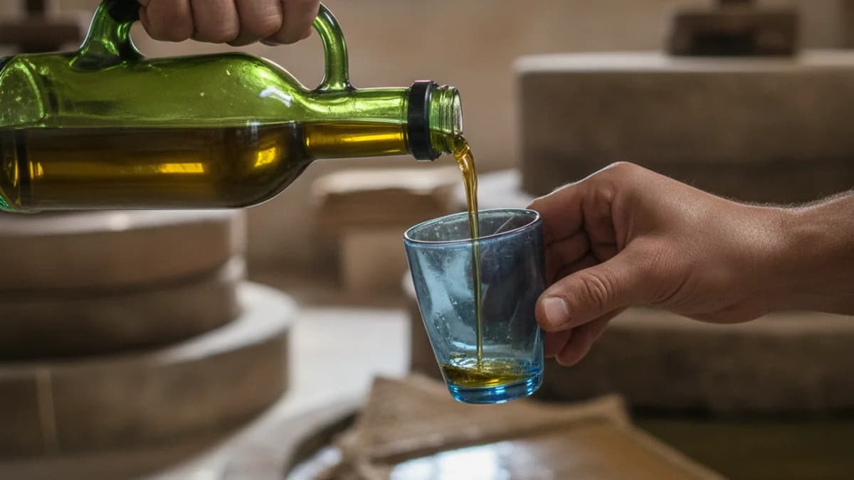 Detall d'una mà abocant oli d'oliva verge extra en un got de tast durant un concurs de qualitat.