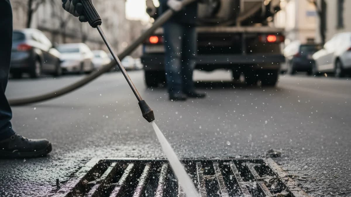 Operaris municipals netejant un embornal amb aigua a pressió en un carrer de la localitat.