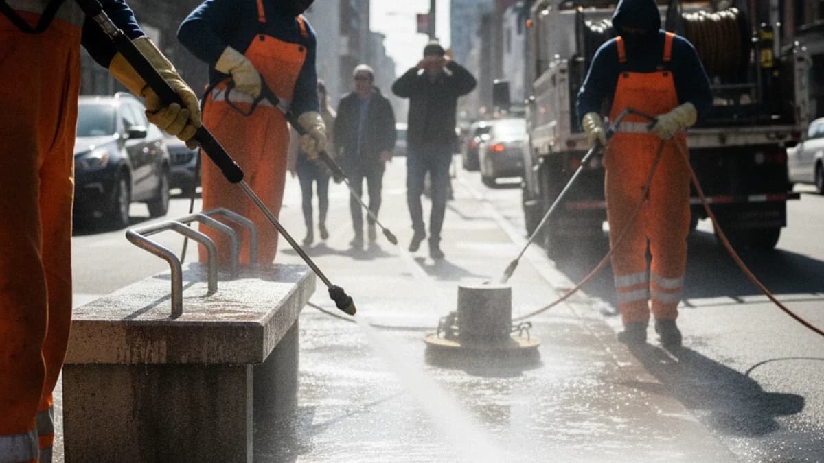 Treballadors municipals realitzant tasques de neteja i manteniment en un carrer residencial de Reus.