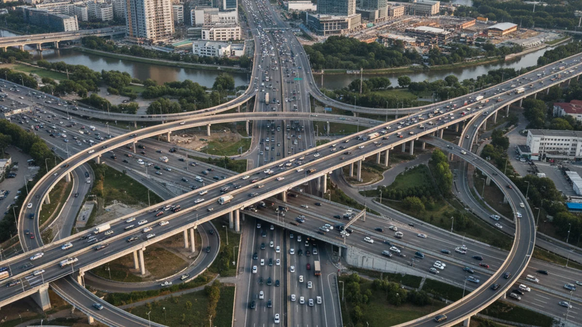 Imatge genèrica d'una cruïlla d'autopista o una carretera amb trànsit intens en una zona urbana.