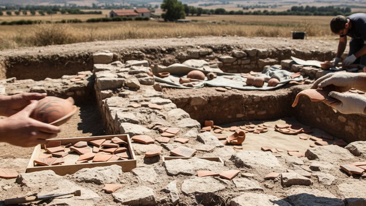 Restes arqueològiques d'una antiga estructura romana amb murs de pedra i fragments de ceràmica.
