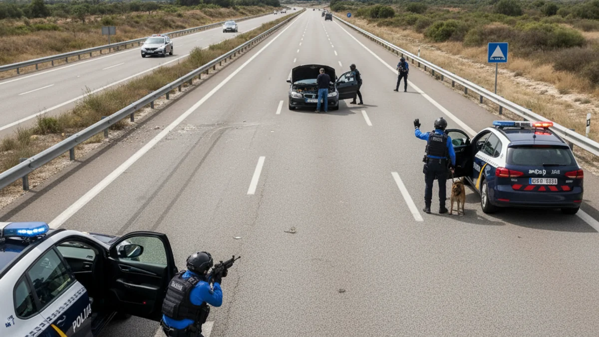 Agents dels Mossos d'Esquadra en una operació policial a l'autopista AP-7 a prop d'un vehicle aturat.