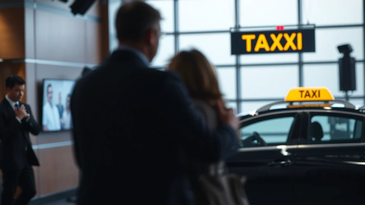 Escena dramàtica en un set de televisió que representa un comiat, amb figures borroses i un ambient tens.