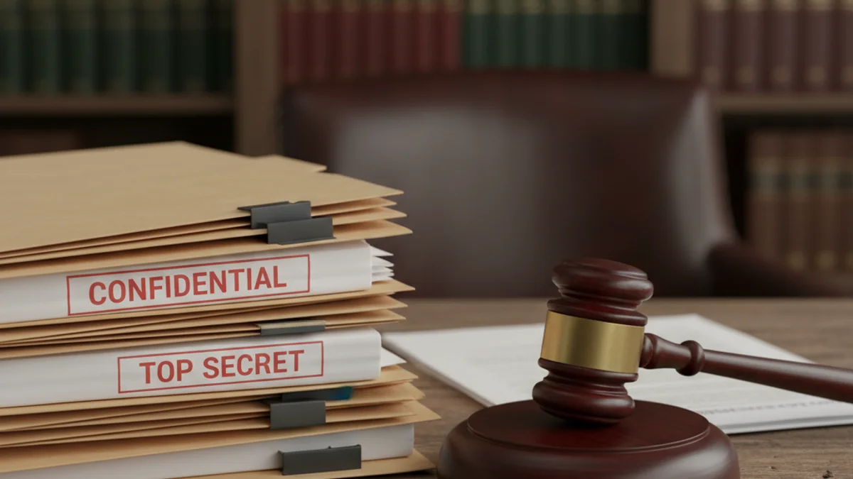 Documents classificats o expedients judicials sobre una taula, simbolitzant la recerca de la veritat en un cas complex.