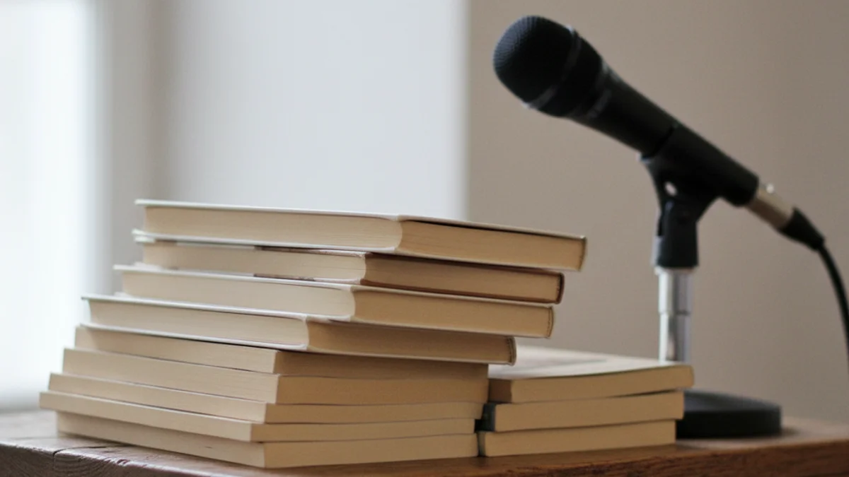 Una pila de llibres sobre una taula de fusta, amb un micròfon al fons, simbolitzant una presentació literària.