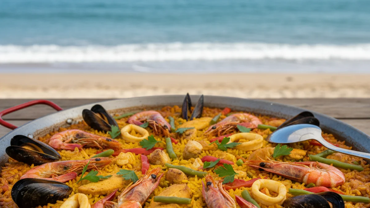 Imatge genèrica d'un plat d'arròs amb marisc i carn en un restaurant davant del mar.