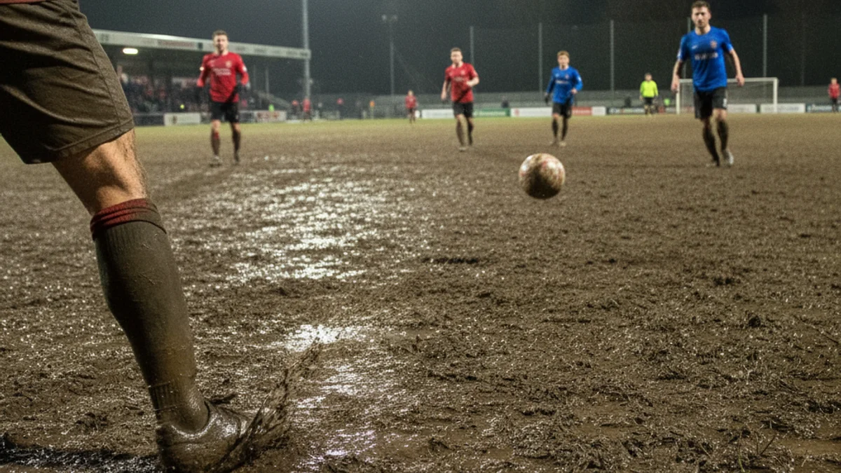 Imatge genèrica d'un partit de futbol de nit en un camp amb fang i pluja.