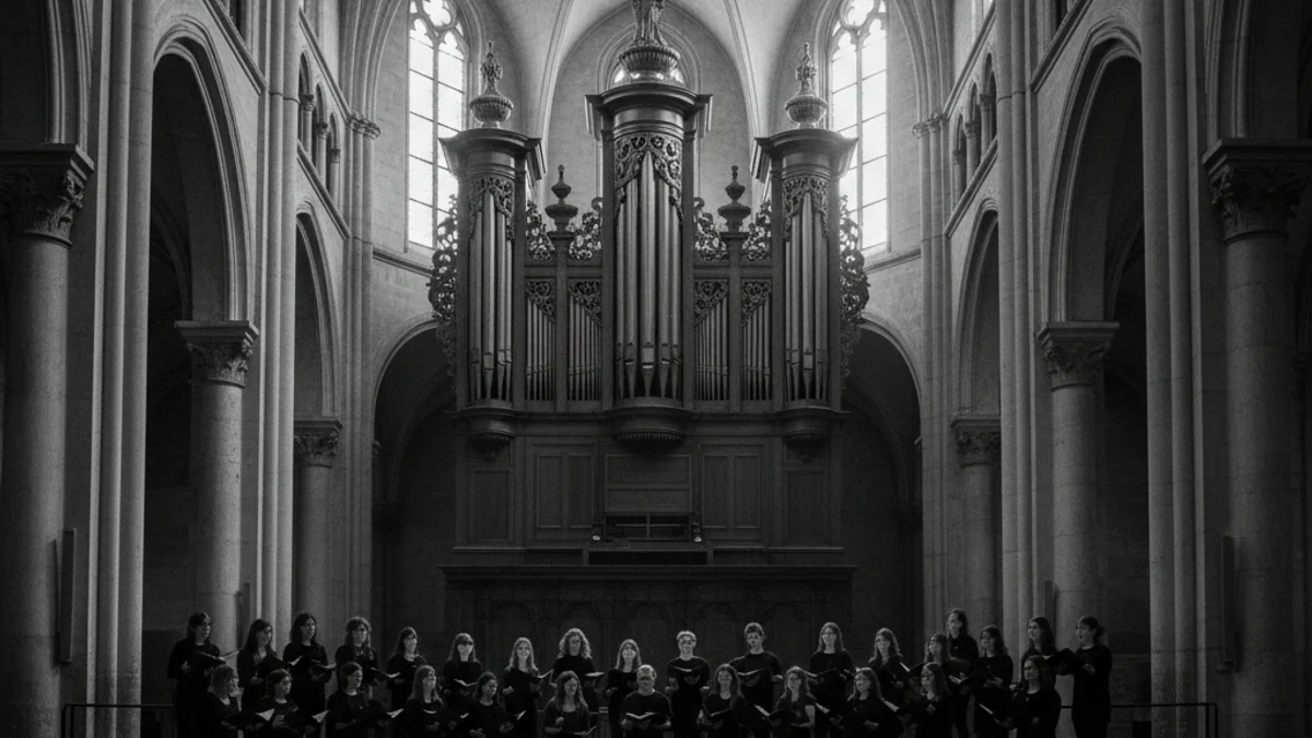 Imatge genèrica d'un cor actuant en una basílica amb il·luminació festiva i un orgue visible.