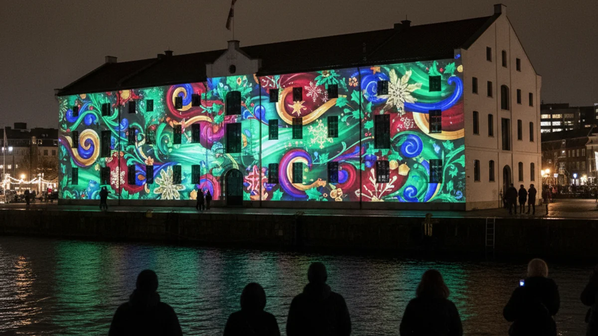 Projecció de mapping artístic amb motius nadalencs sobre la façana d'un edifici portuari durant la nit.