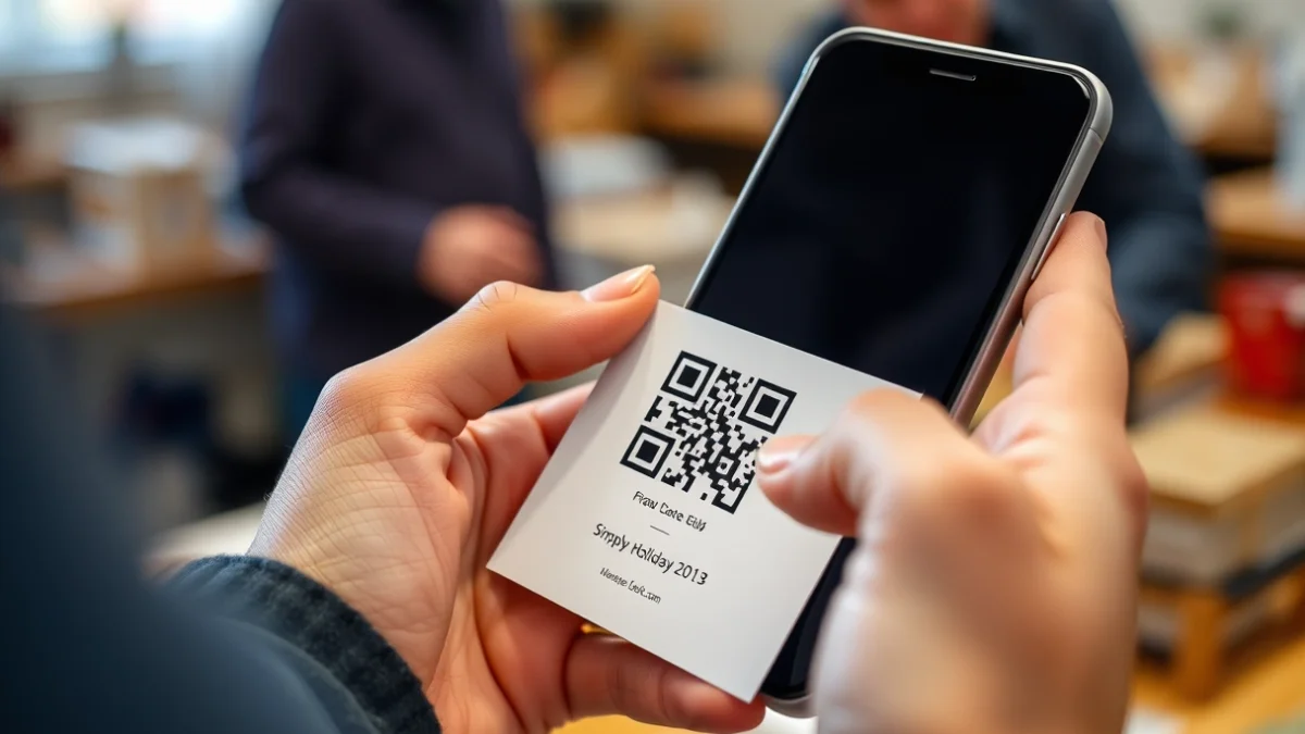 Imatge d'una mà escanejant un codi QR sobre una targeta de felicitació digital, simbolitzant la iniciativa tecnològica.