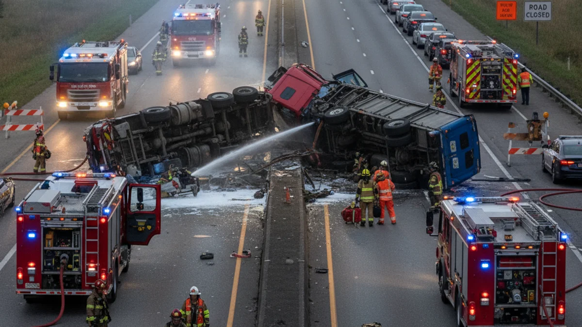 Operació de rescat d'emergència en una carretera després d'un accident de trànsit que involucra vehicles pesants.