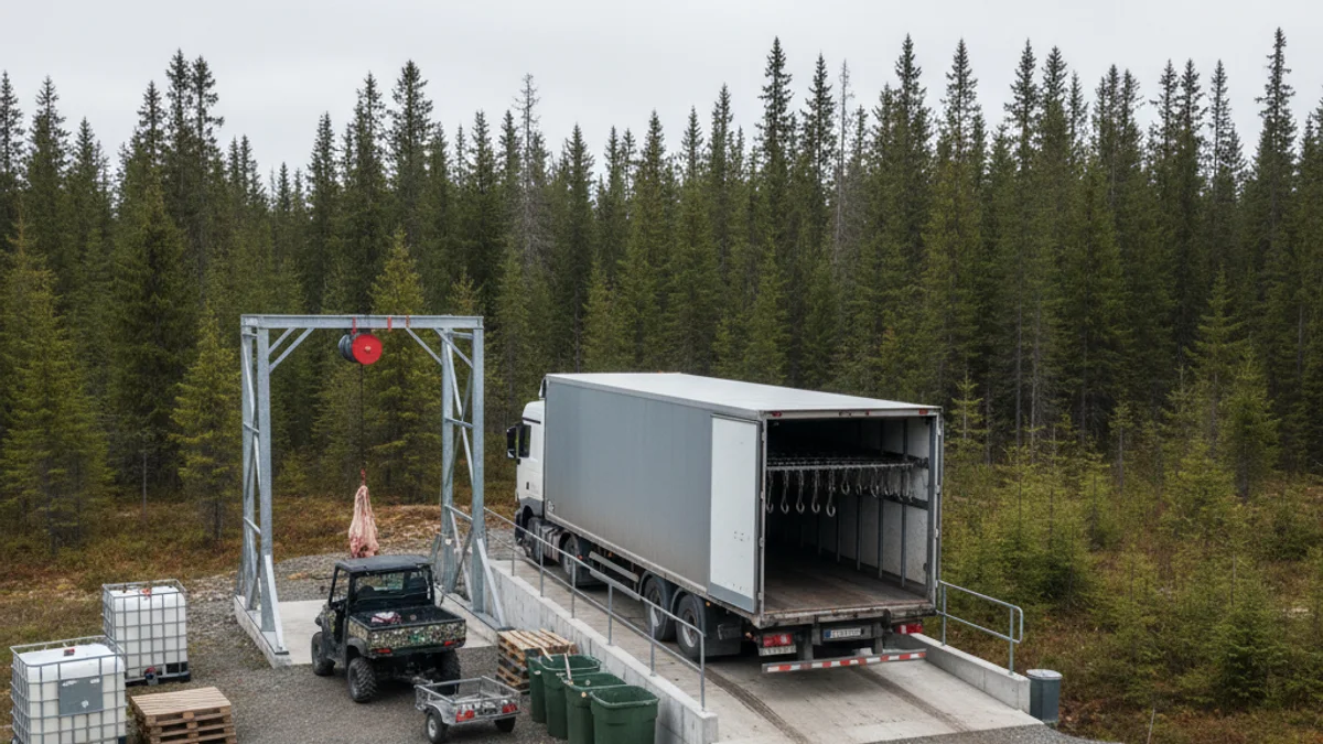 Vehicle de transport de caça silvestre en un punt logístic de recollida de senglars per a la seva evisceració.