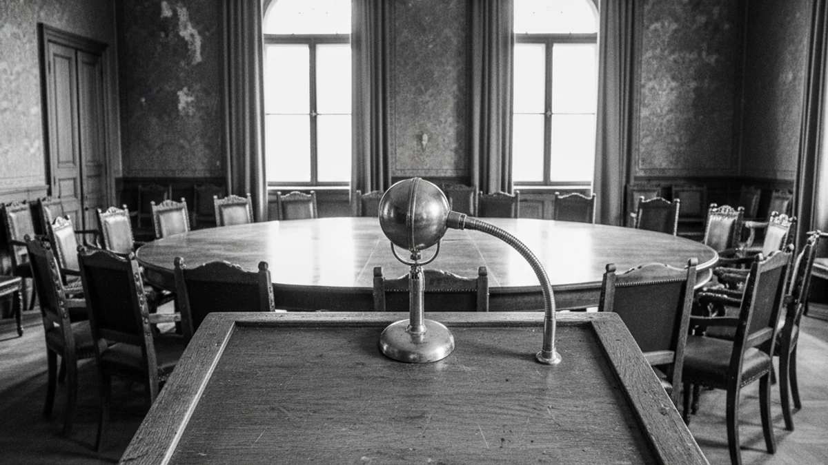 Imatge genèrica d'un podi amb un micròfon antic en una sala de conferències buida, simbolitzant la memòria històrica.