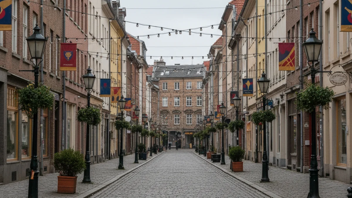 Vista d'un carrer de Sant Andreu de Palomar decorat amb banderoles i llums per la Festa Major.
