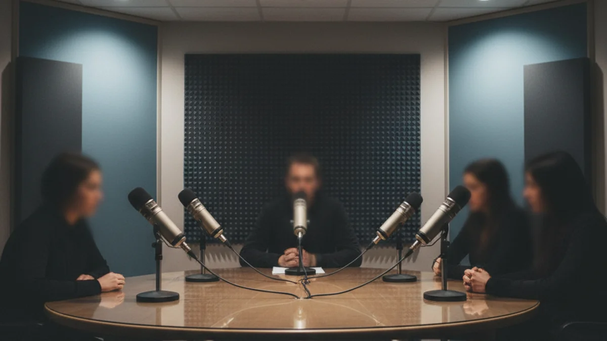 Quatre persones debatent en un estudi de podcast o ràdio amb micròfons.