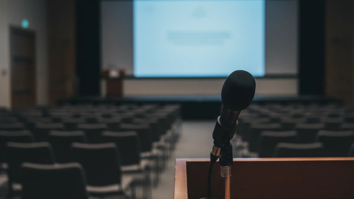 Un micròfon en un faristol buit durant un esdeveniment esportiu o corporatiu del club.