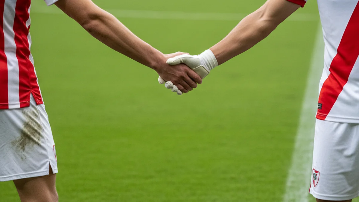 Imatge genèrica de dos jugadors de futbol saludant-se abans d'un partit crucial a l'estadi.