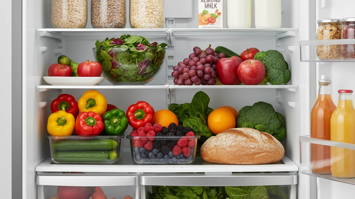 Una nevera plena d'aliments frescos i saludables, amb fruites i verdures visibles.