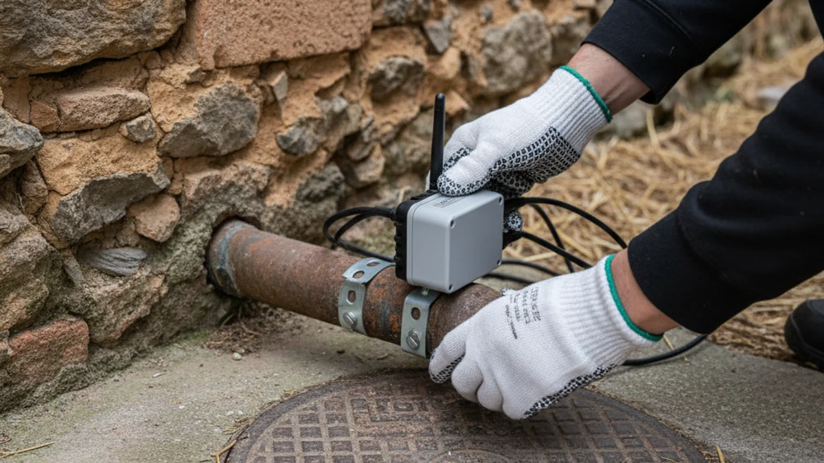 Imatge genèrica de tècnics instal·lant sensors en una xarxa de clavegueram o aigua per a la monitorització climàtica.