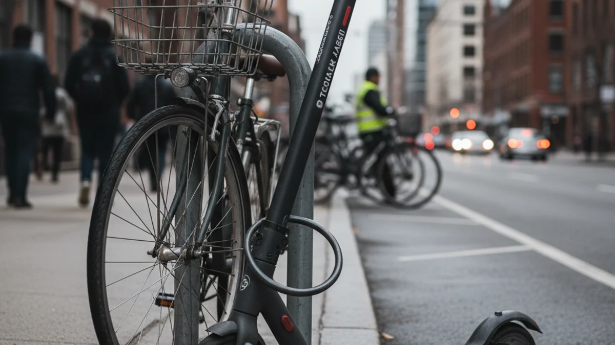 Imatge genèrica d'un patinet elèctric circulant per una zona urbana amb senyalització de trànsit.