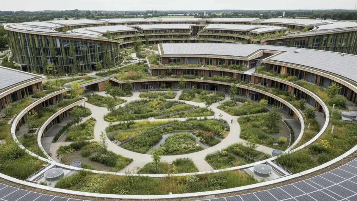 Vista d'un edifici modern amb elements de disseny circular i gestió energètica en un polígon industrial.