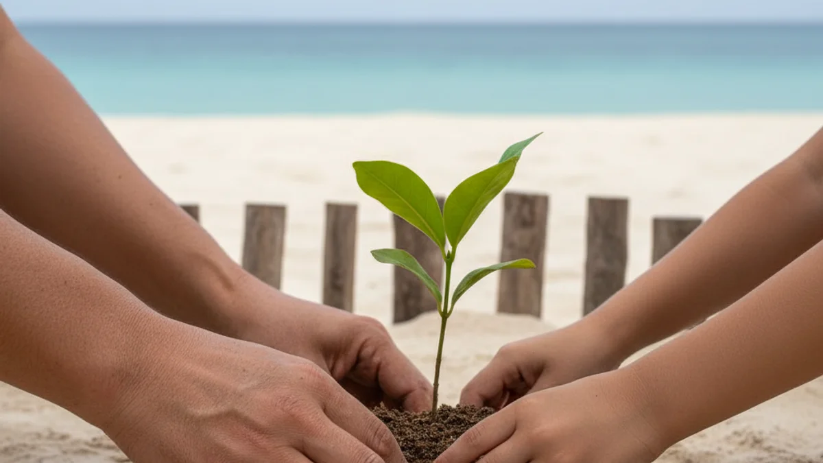 Representació visual de la sostenibilitat turística, com un paisatge costaner net o un símbol de certificació ambiental.