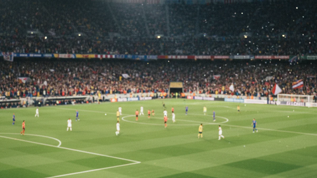 Vista general d'un estadi de futbol ple durant un partit nocturn, amb focus il·luminant la gespa.