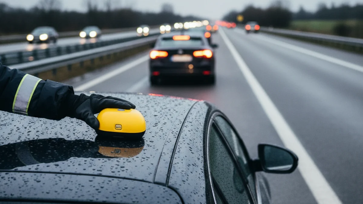 Imatge genèrica d'una balisa V-16 d'emergència col·locada sobre el sostre d'un vehicle avariat en una carretera.