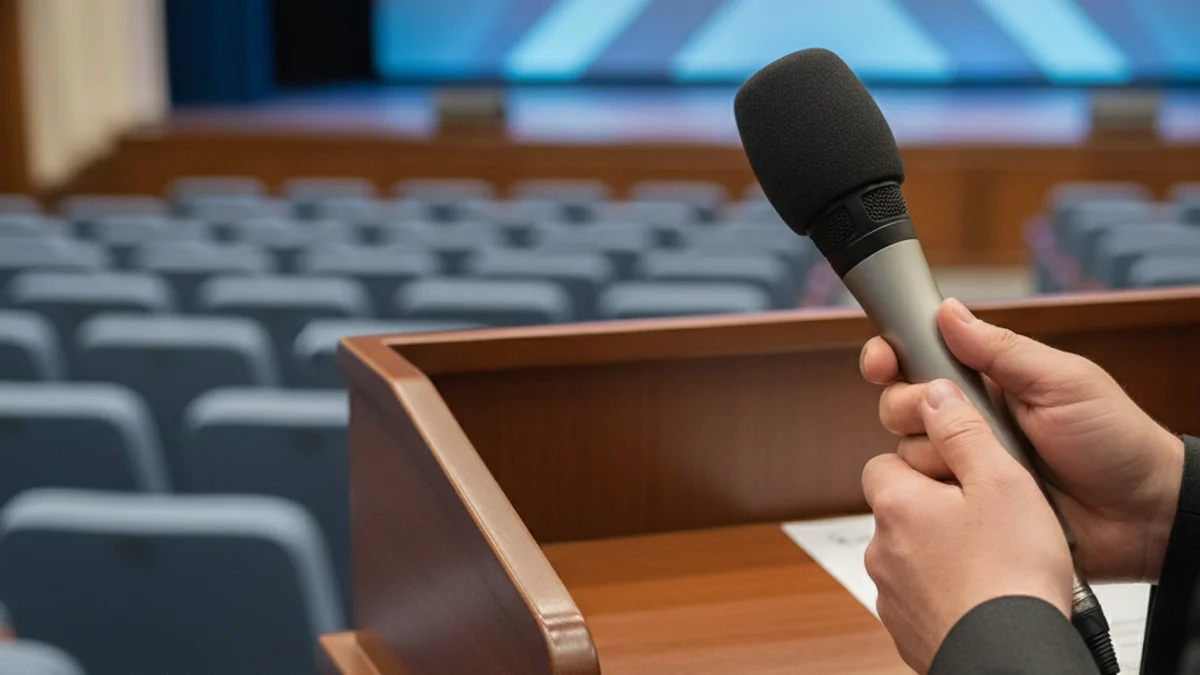 Una mà sostenint un micròfon davant d'un podi buit, simbolitzant la comunicació i el periodisme local.