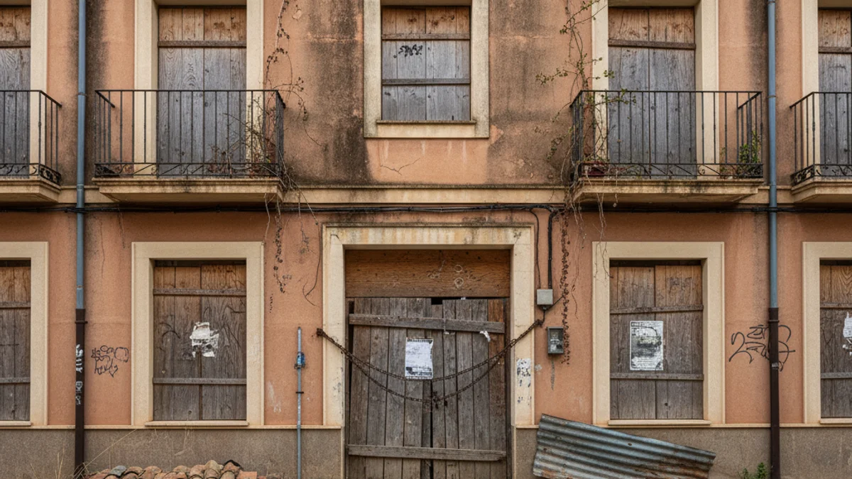Façana d'un bloc d'habitatges abandonat amb finestres i portes tapiades, pendent de rehabilitació.