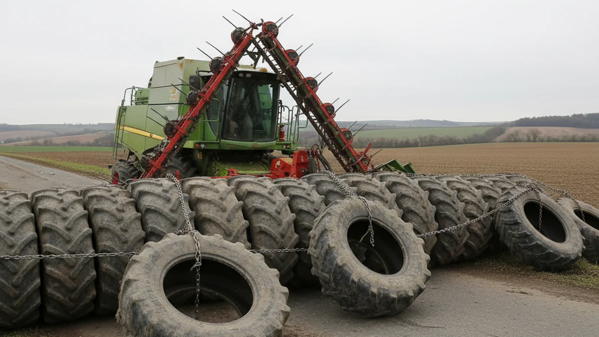 Imatge genèrica d'un tall de carretera amb tractors i pneumàtics utilitzats com a barricada durant una protesta.