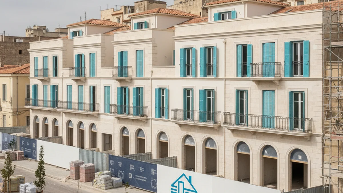 Edificis d'habitatge social en una ciutat mediterrània, amb siluetes de gent treballant en la construcció.