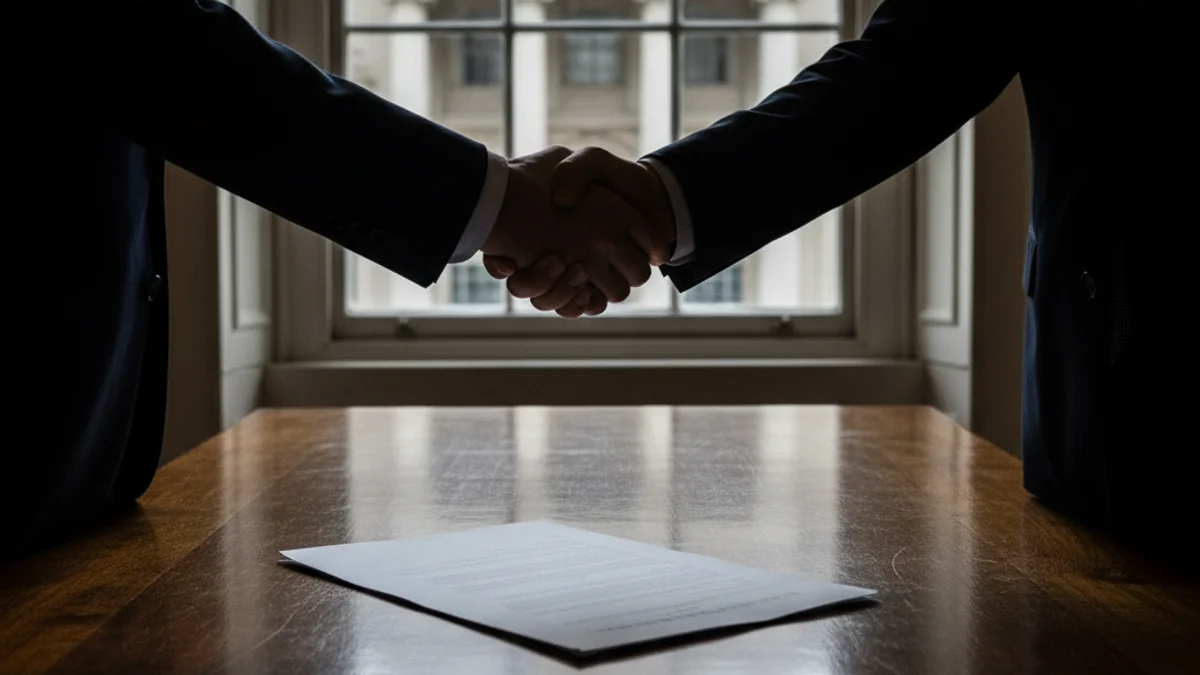 Imatge genèrica d'una signatura institucional, amb dues figures en silueta donant-se la mà sobre un document.