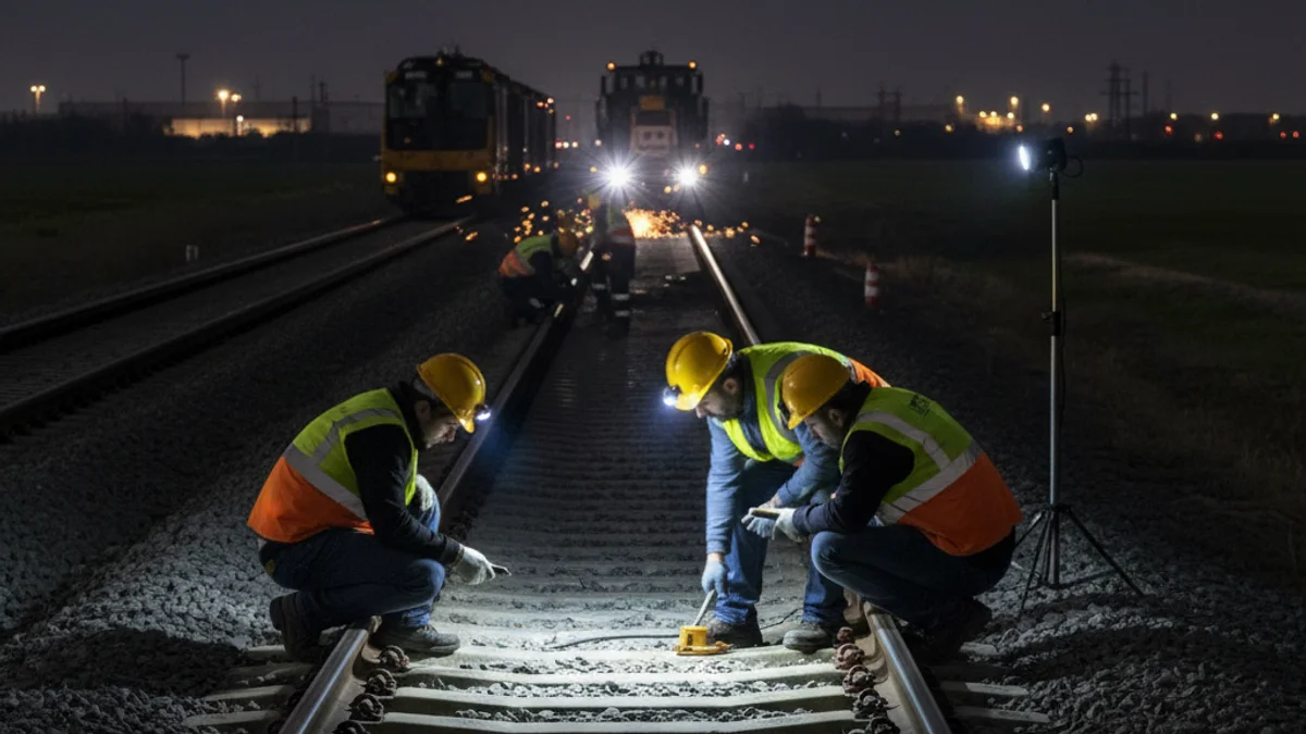 Imatge genèrica d'una via de tren d'alta velocitat amb tècnics de manteniment inspeccionant els rails durant la nit.