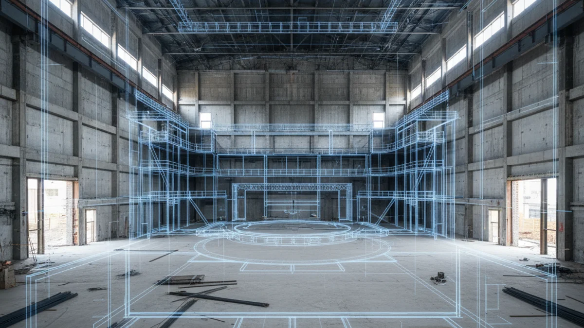 Representació d'un gran plató de cinema en construcció amb plànols arquitectònics a primer pla.