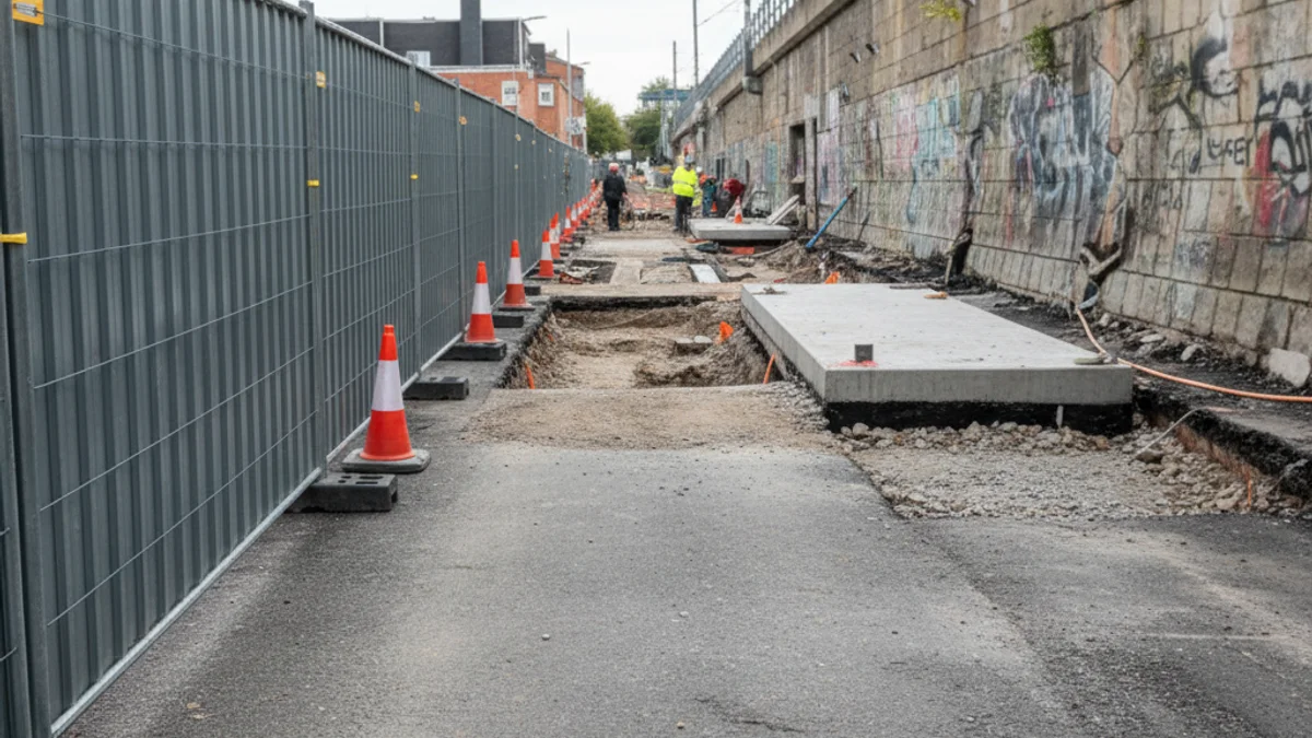 Imatge genèrica d'una zona urbana en obres de reurbanització per a vianants, amb barreres de seguretat.