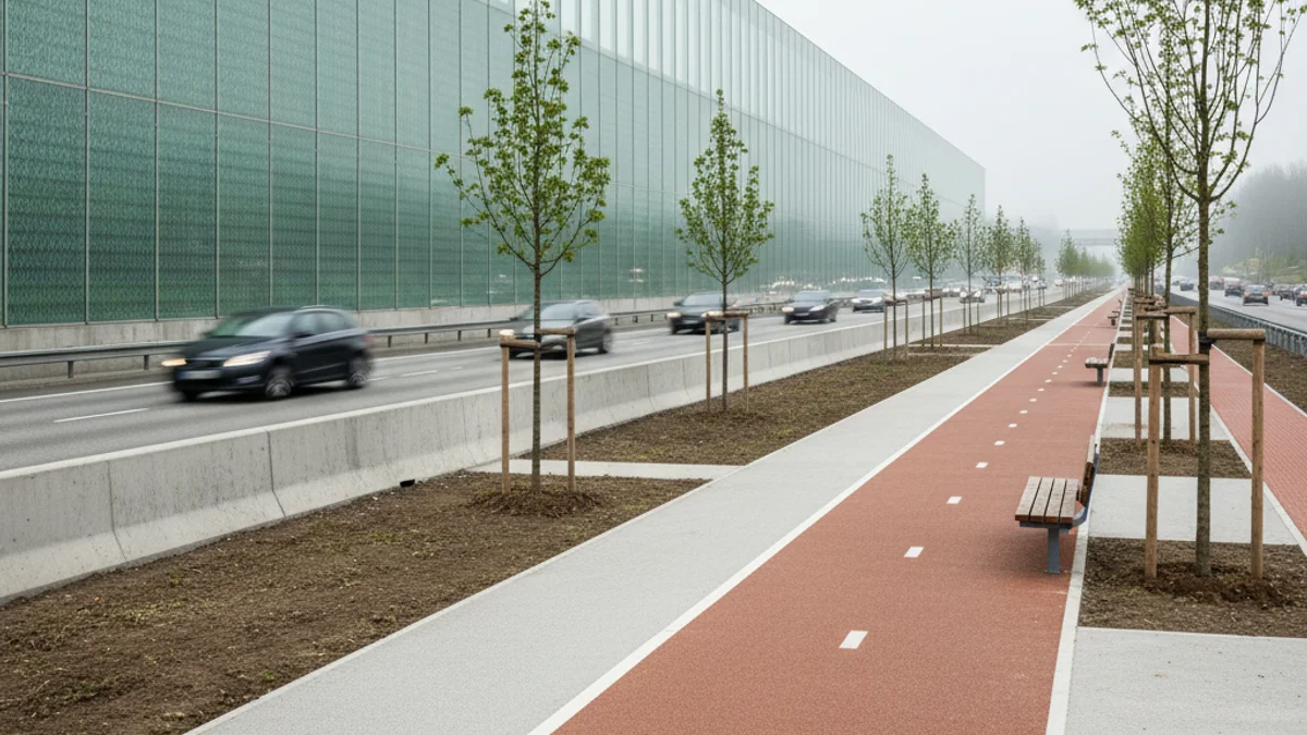 Imatge genèrica d'un carril bici nou al costat d'una carretera, amb pantalles acústiques al fons.