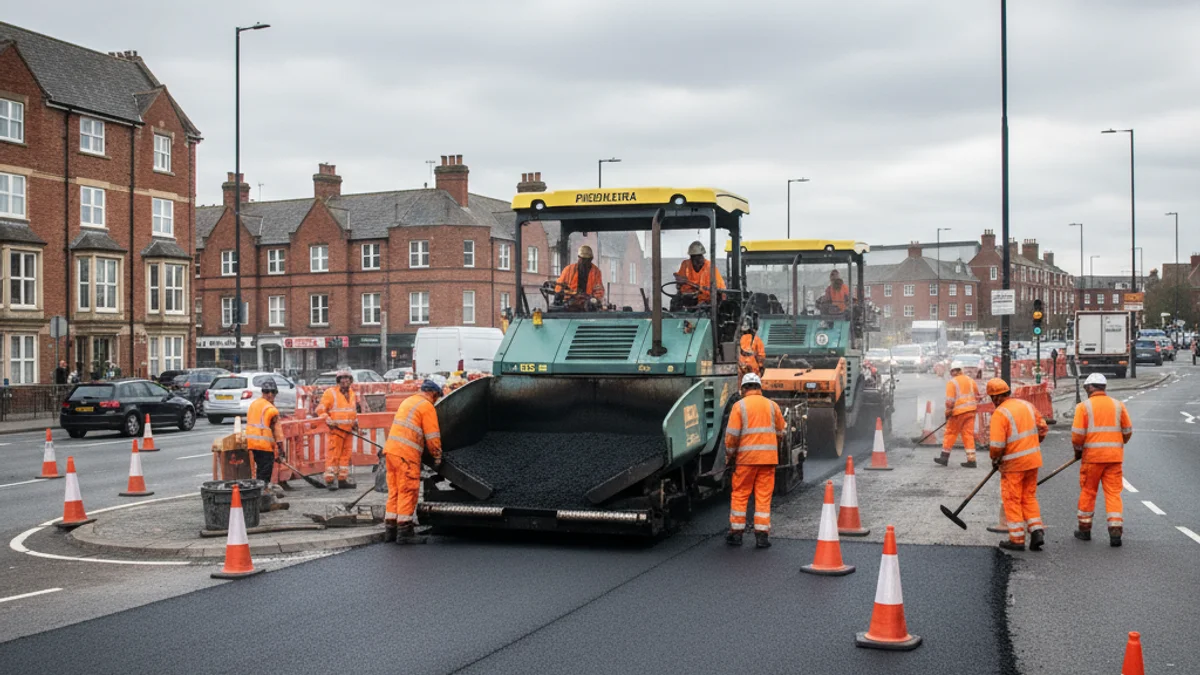 Imatge d'una màquina d'asfaltatge treballant en una rotonda urbana amb cons de trànsit i senyalització d'obres.