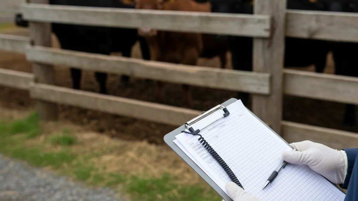 Imatge genèrica d'un corral de vaques o d'un inspector agrícola prenent notes en una explotació ramadera.