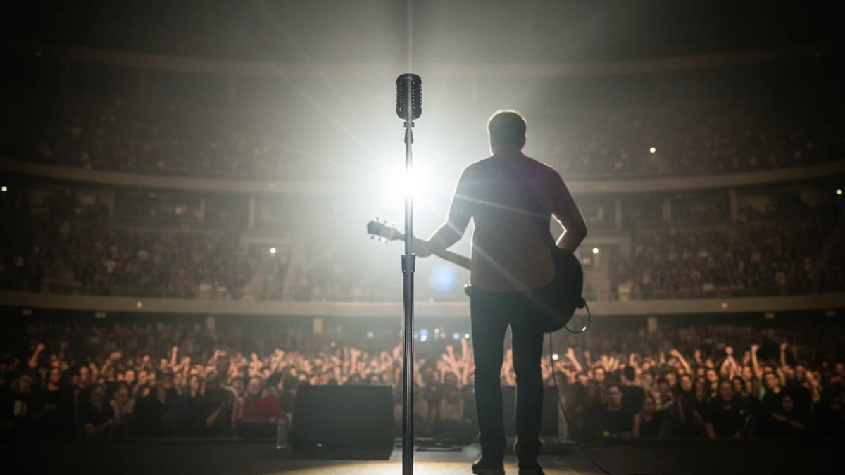 Imatge genèrica d'un escenari de concurs musical amb focus i un micròfon.