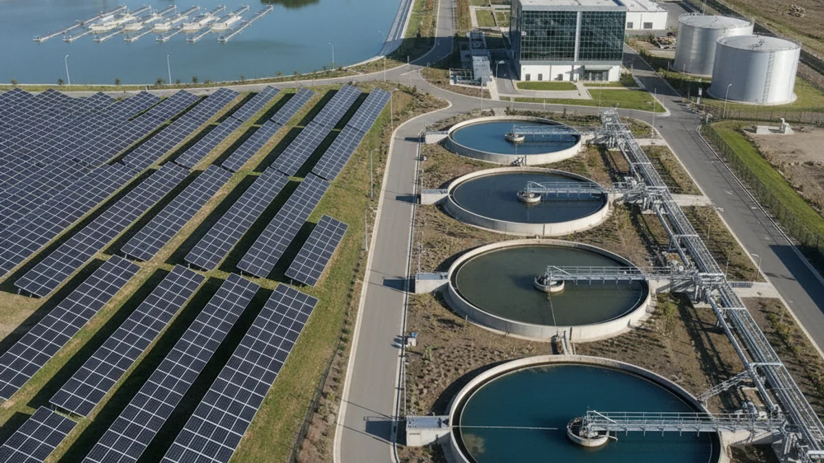Infraestructura de la planta de tractament d'aigües amb panells solars al fons, simbolitzant la inversió en eficiència i energies netes.