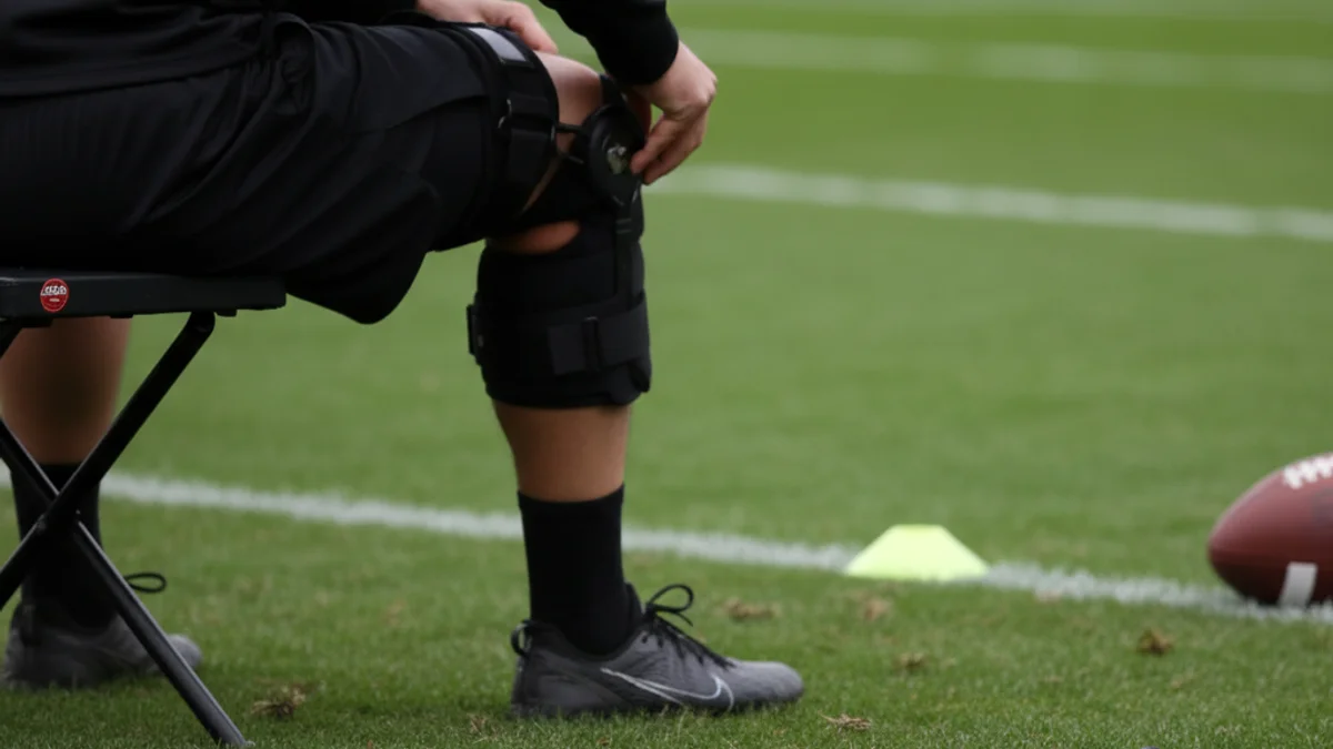 Una silueta d'una jugadora de futbol professional caminant per un camp d'entrenament buit durant la rehabilitació.