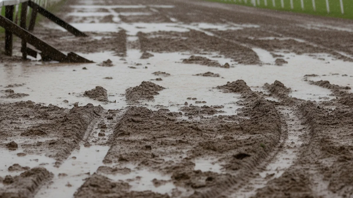 Imatge genèrica d'una pista de curses de cavalls enfangada o sota la pluja intensa.